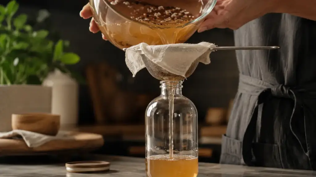 straining-fermented-amber-liquid-through-cheesecloth-into-a-clean-glass-bottle