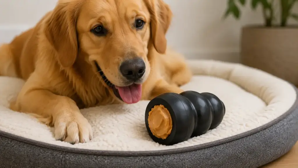 stuffed-rubber-chew-toy-filled-with-peanut-butter-resting-on-a-clean-dog-bed