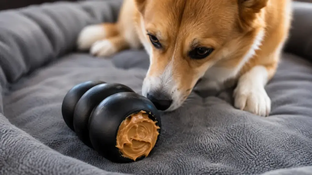 stuffed-rubber-chew-toy-filled-with-peanut-butter-resting-on-a-clean-dog-bed