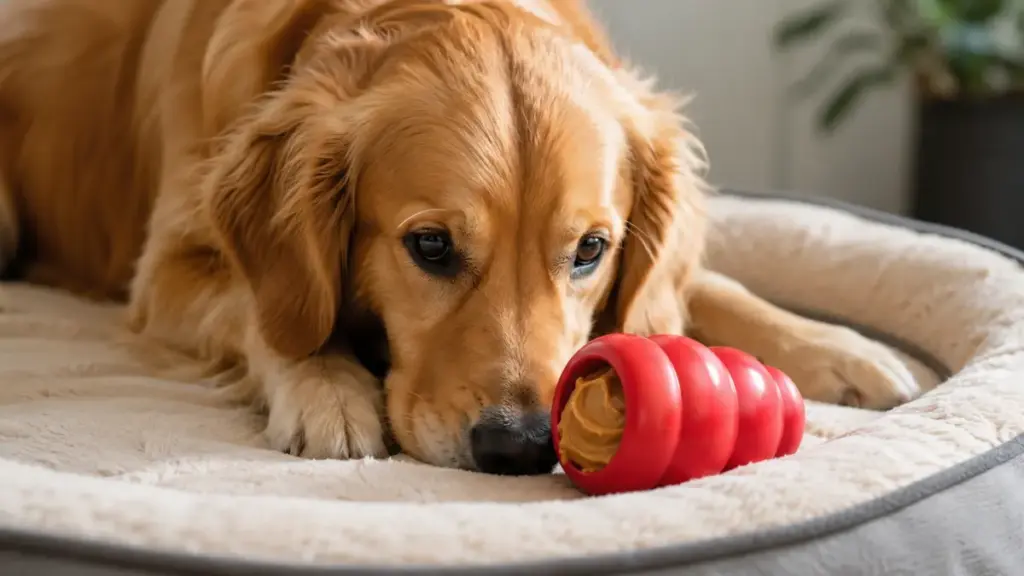 stuffed-rubber-chew-toy-filled-with-peanut-butter-resting-on-a-clean-dog-bed