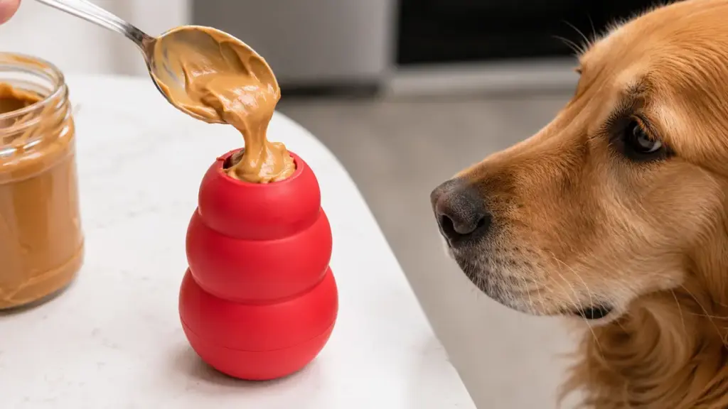 stuffing-a-durable-rubber-chew-toy-with-creamy-peanut-butter-for-canine-enrichment