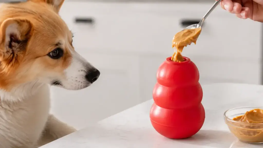 stuffing-a-durable-rubber-chew-toy-with-creamy-peanut-butter-for-canine-enrichment
