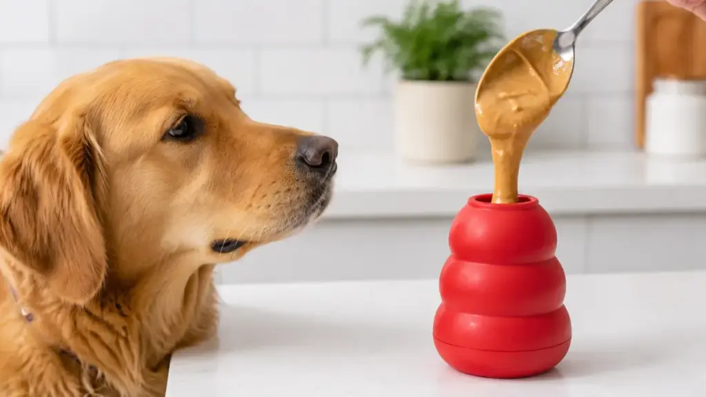 filling-a-tough-rubber-chew-toy-with-peanut-butter-for-dog-mental-stimulation