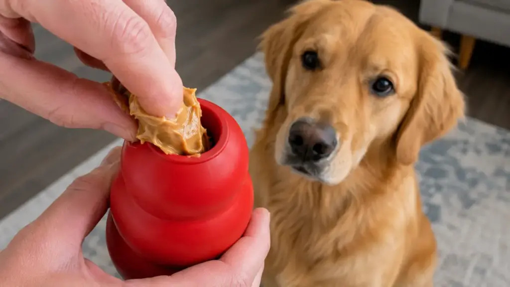 stuffing-a-durable-rubber-chew-toy-with-creamy-peanut-butter-for-canine-enrichment