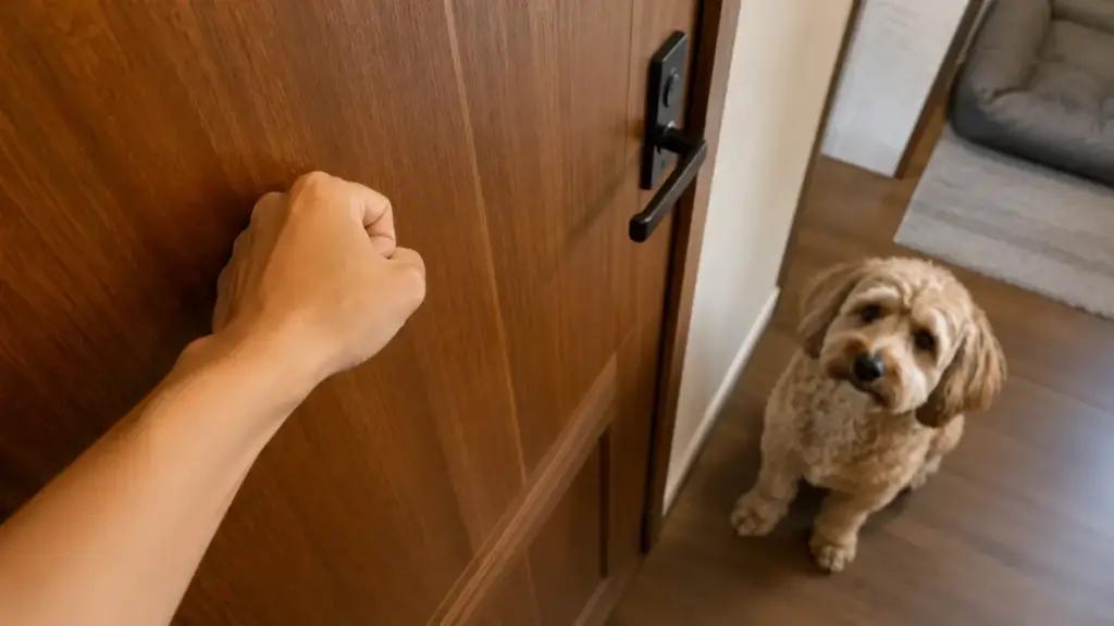 tapping-on-a-wooden-door-to-trigger-an-intentional-vocal-cue-for-canine-training