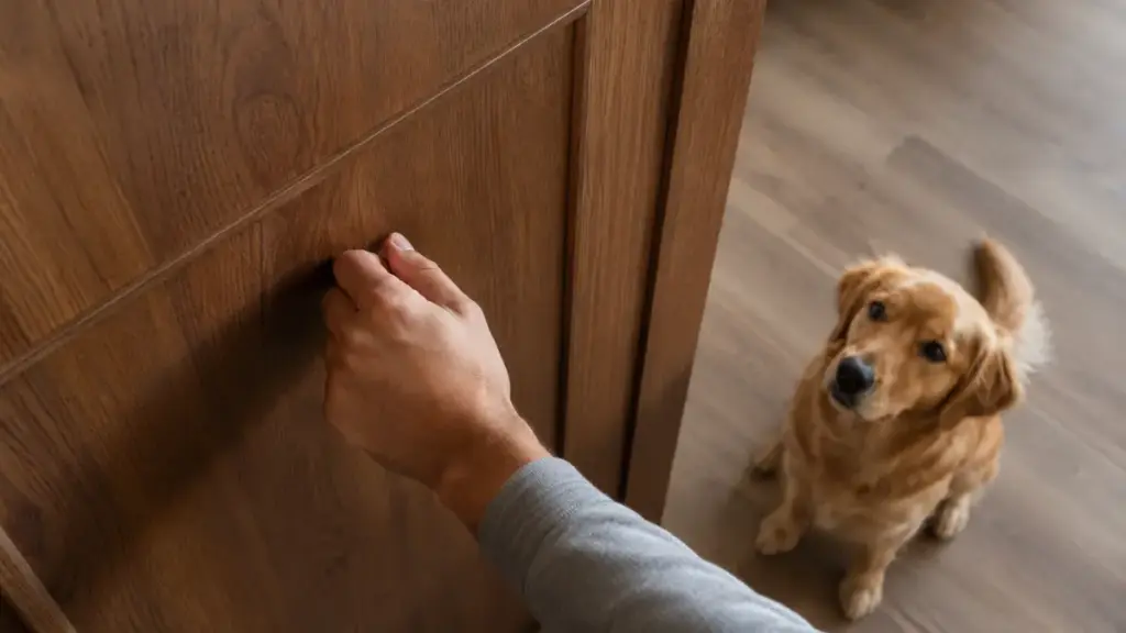 tapping-on-a-wooden-door-to-trigger-an-intentional-vocal-cue-for-canine-training