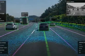technical visualization of Level 2 autonomy sensor fusion on a highway