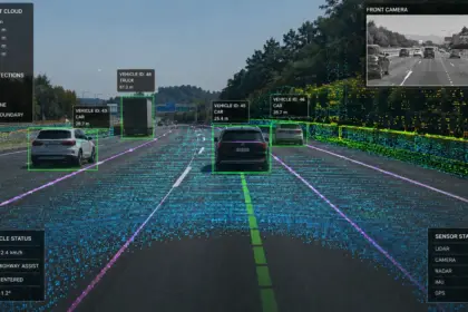 technical visualization of Level 2 autonomy sensor fusion on a highway