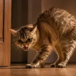 tense adolescent cat standing near a closed door exhibiting anxious behaviors