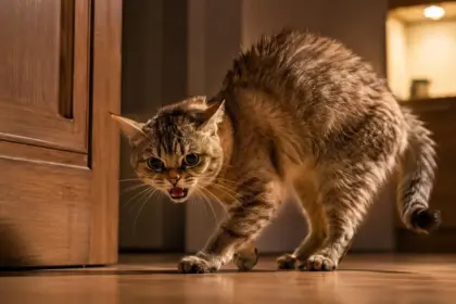 tense adolescent cat standing near a closed door exhibiting anxious behaviors
