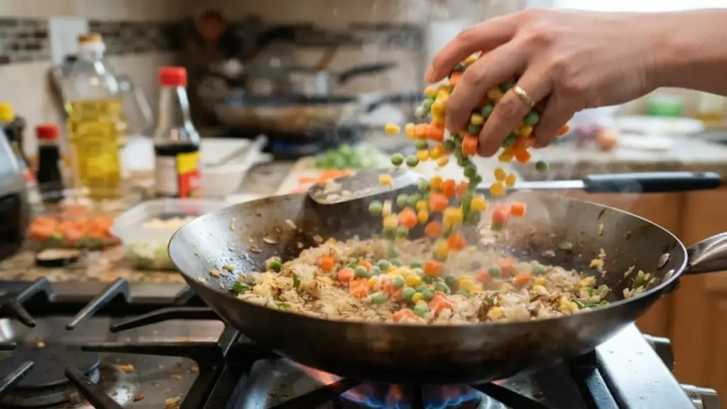throwing-frozen-vegetables-into-a-hot-pan-of-frying-left-over-rice