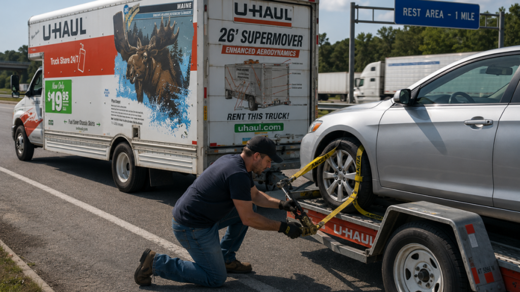 tightening-wheel-straps-car-hauler-behind-fully-loaded-26ft-u-haul-truck-sizes