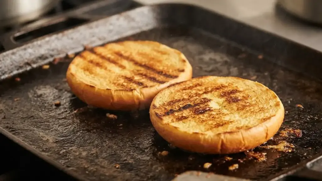 toasted-hamburger-bun-halves-searing-on-a-hot-griddle-for-a-sloppyjoe
