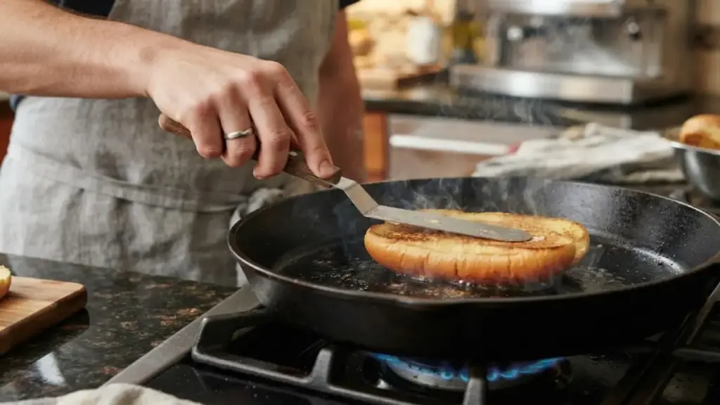 toasting-split-brioche-rolls-face-down-on-a-hot-skillet