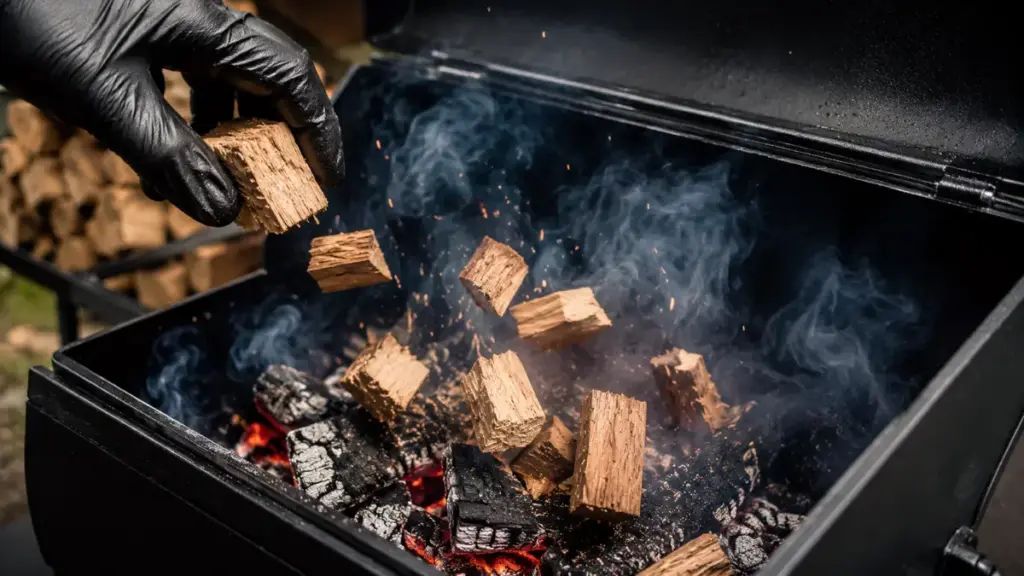 tossing-apple-wood-chunks-into-a-hot-barbecue-smoker-firebox