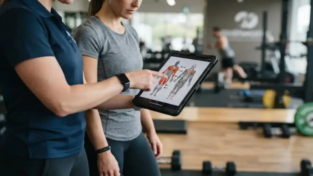 trainer-explaining-muscle-engagement-chart-on-a-tablet-screen-to-a-client