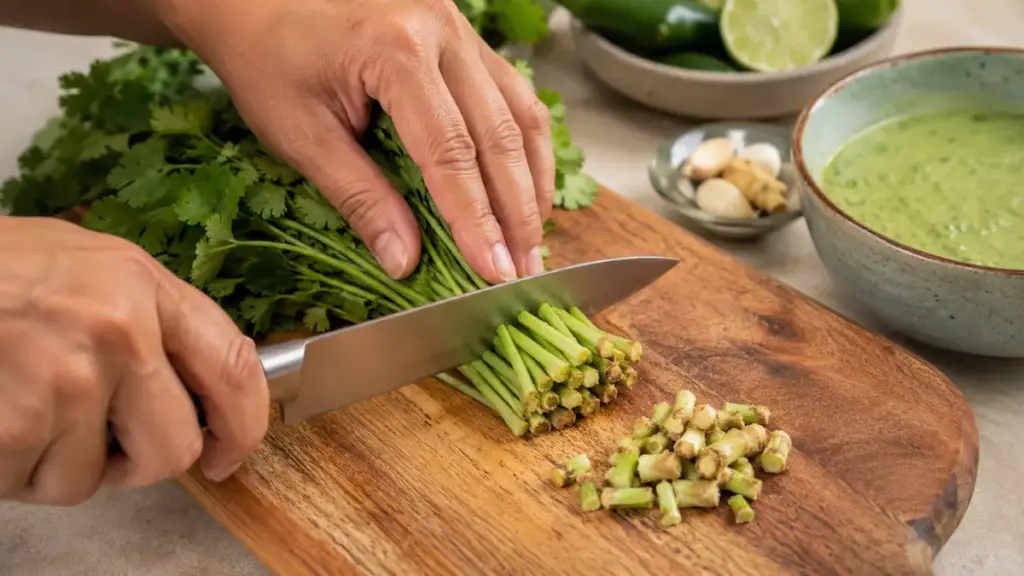 trimming-woody-stems-off-fresh-cilantro-bundles-for-a-clean-peruvian-green-sauce-recipe