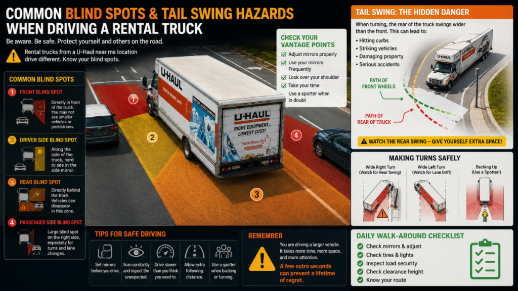 Blind spots and tail swing risks when driving a U-Haul near me rental truck.
