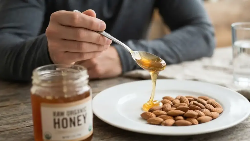 unrefined-honey-and-raw-almonds-on-a-clean-white-plate