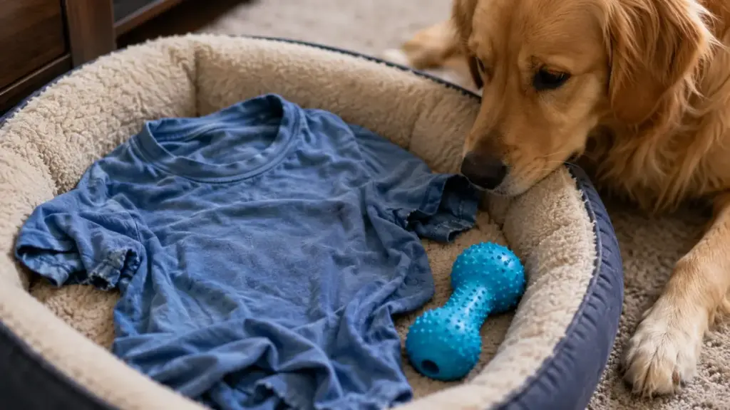 placing-unwashed-owner-shirt-in-dog-bed-to-calm-separation-anxiety