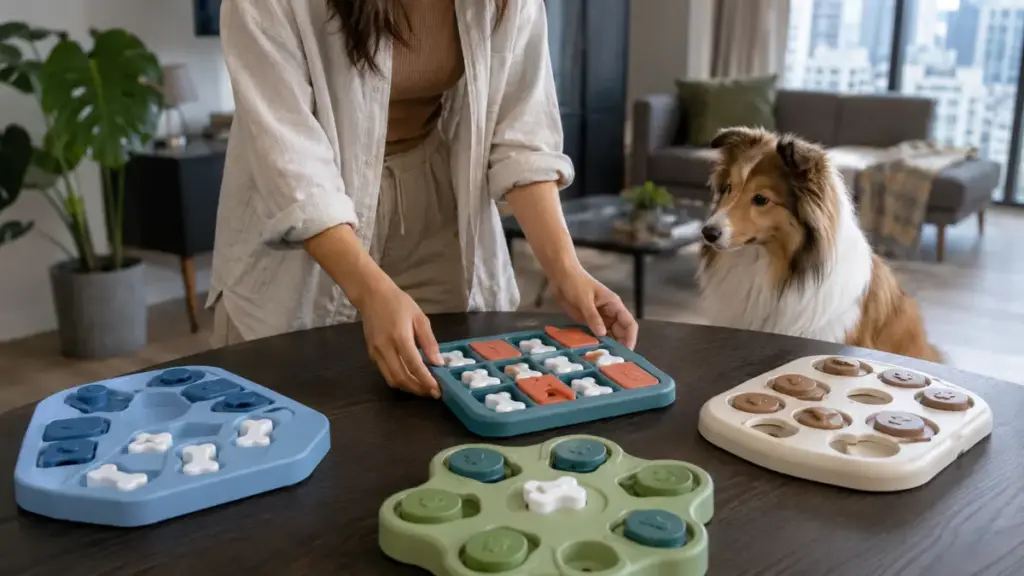 urban-canine-owner-preparing-advanced-puzzle-boards-on-a-table