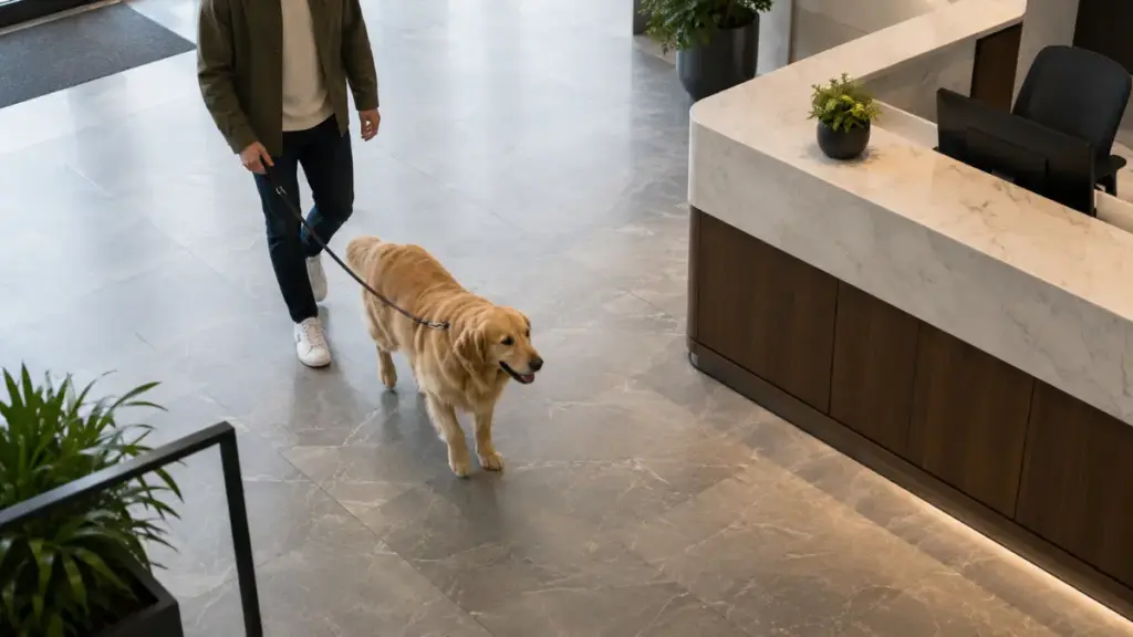 urban-dog-owner-walking-a-leashed-golden-retriever-through-a-modern-condo-lobby