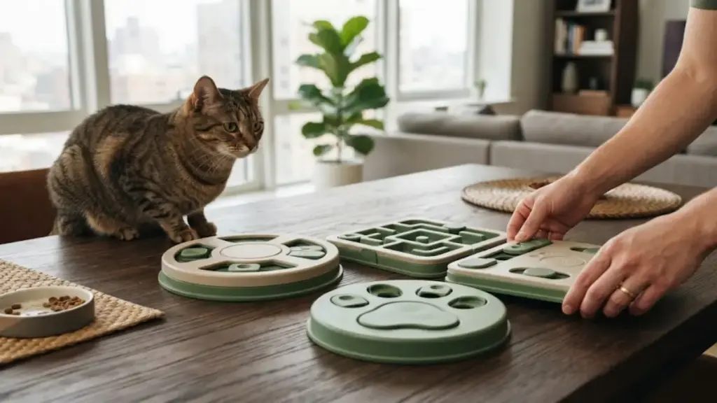 urban-homeowner-arranging-pet-puzzle-boards-to-relieve-feline-stress-symptoms