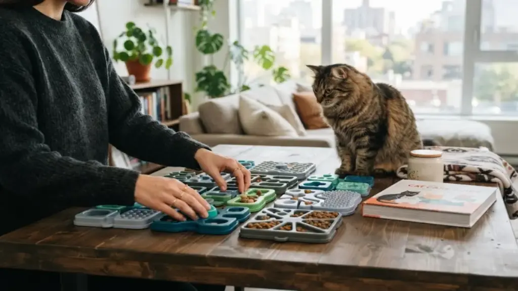 urban-homeowner-arranging-supplies-on-a-table-for-pet-care-cat