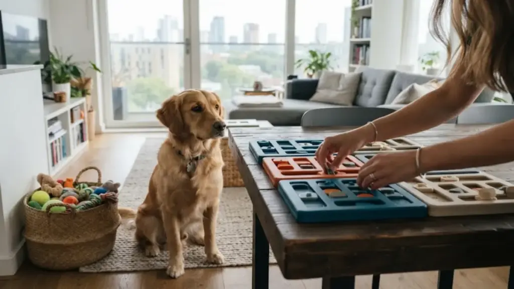 urban-homeowner-organizing-supplies-on-a-table-after-food-recalls-dog