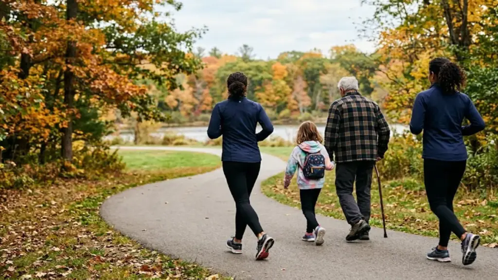 A multi-generational family walking together along a paved park path surrounded by autumn trees.