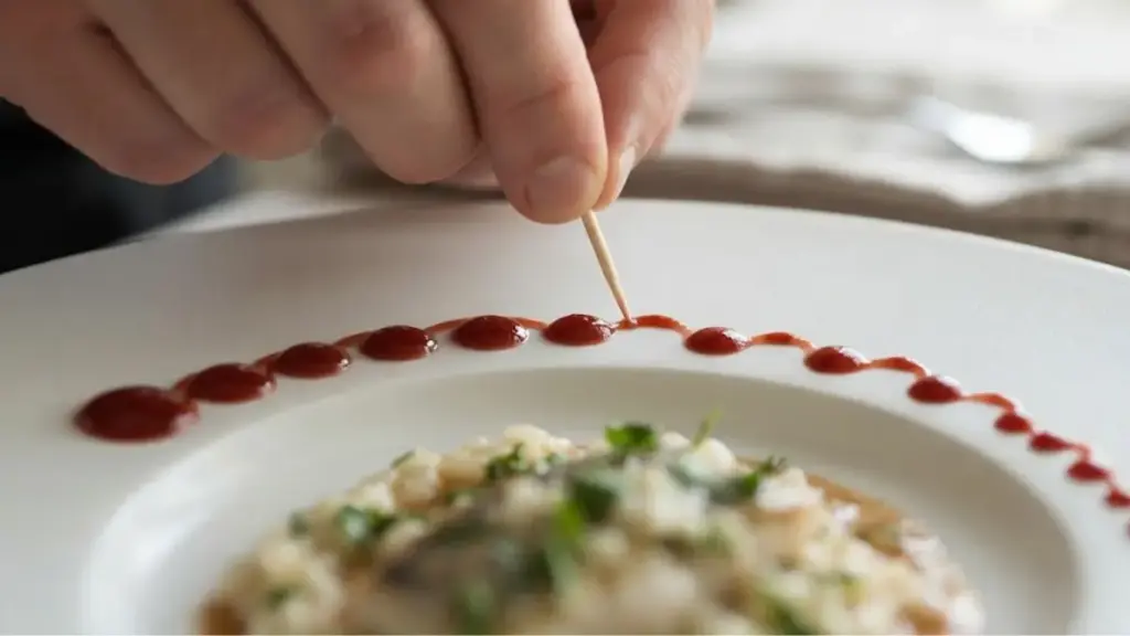 using-a-toothpick-to-style-sauce-dots-on-a-white-plate-rim