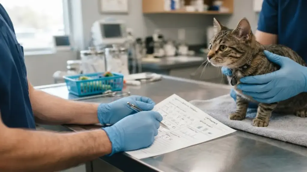 veterinarian-checking-feline-medical-history-during-a-behavioral-checkup