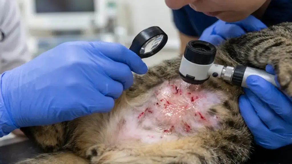 veterinarian-examining-over-groomed-bald-spot-on-a-cats-belly-revealing-feline-stress-symptoms