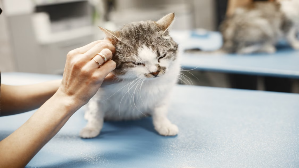 Checking an underweight feline's physical health before introducing homemade cat biscuit treats for malnourished cats