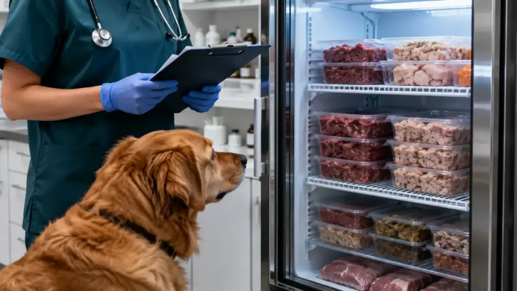 veterinary-inspector-checking-cold-raw-dog-food-tubs-to-ensure-no-fake-dog-food