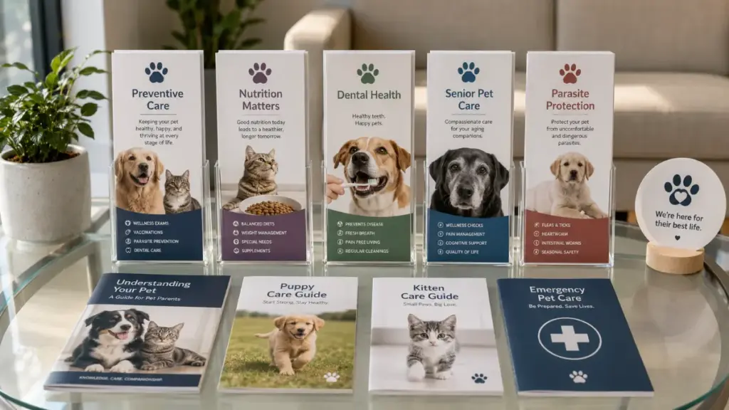 veterinary pamphlets on waiting room table