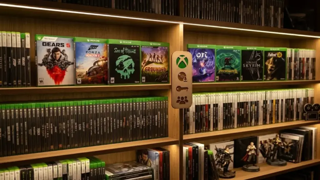 video-game-collection-shelf-under-warm-lighting-for-xbox-game-pass-essential

