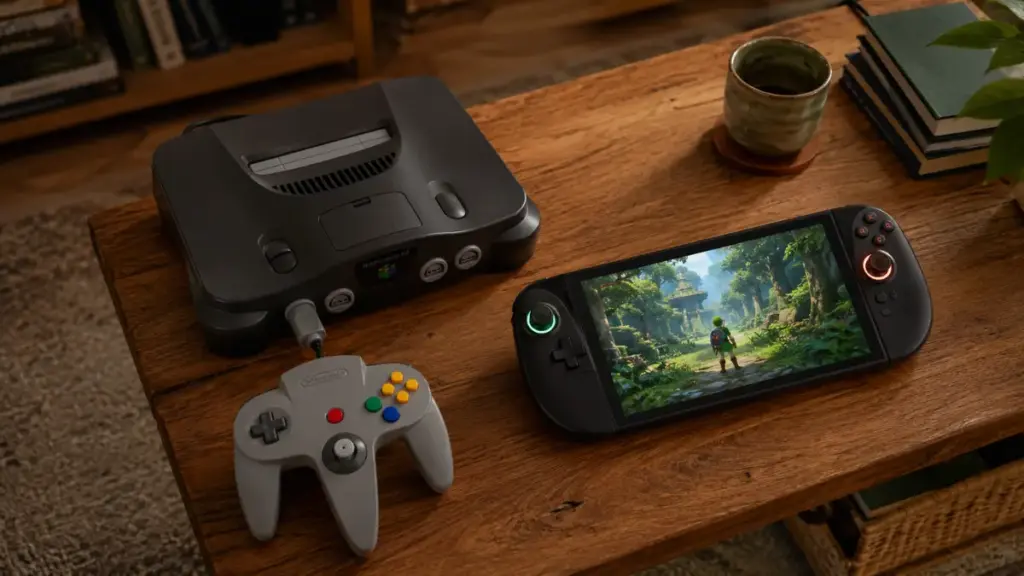 vintage-n64-console-beside-modern-handheld-gaming-device-for-ocarina-of-time-remake
