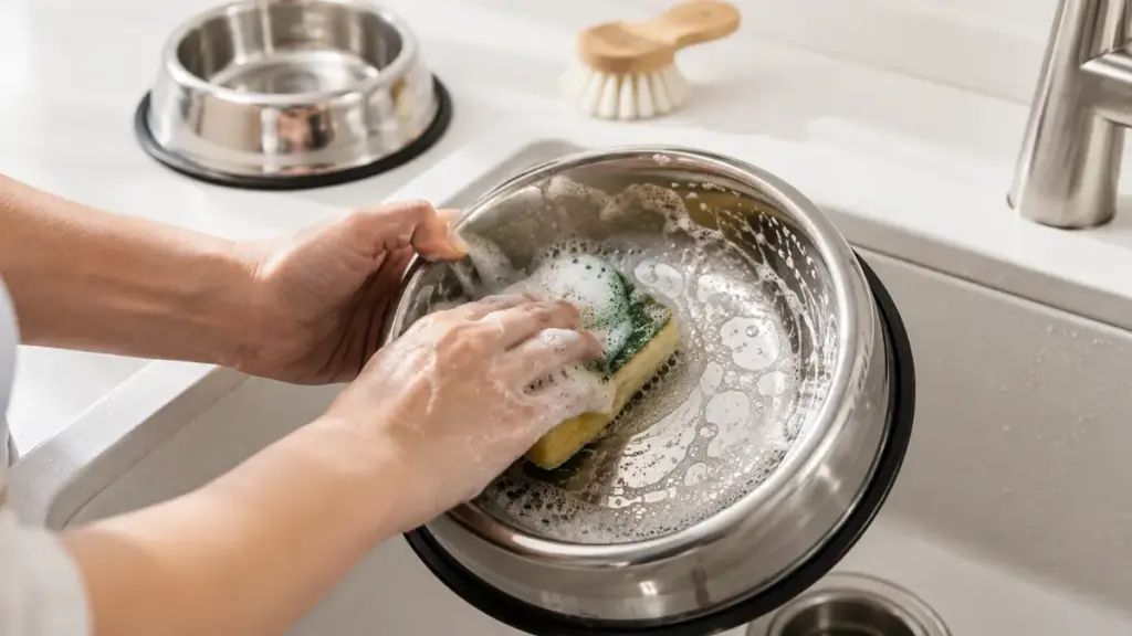 washing-a-metal-dog-bowl-with-a-soapy-sponge-in-a-sink