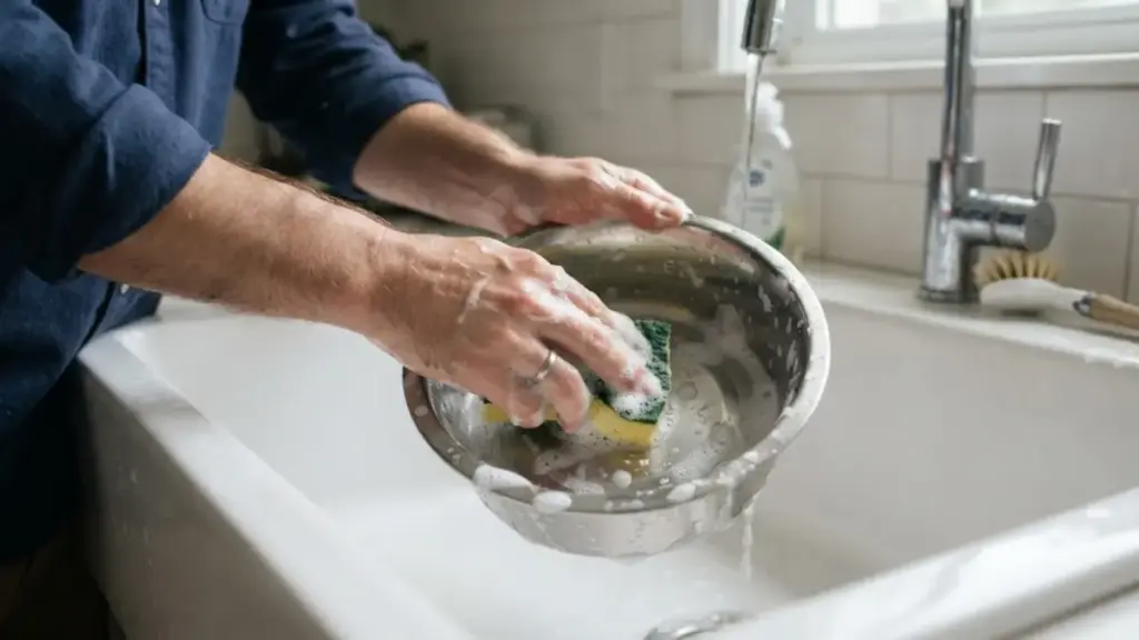 washing-a-metal-dog-bowl-with-a-soapy-sponge-in-a-sink-after-food-recalls-dog