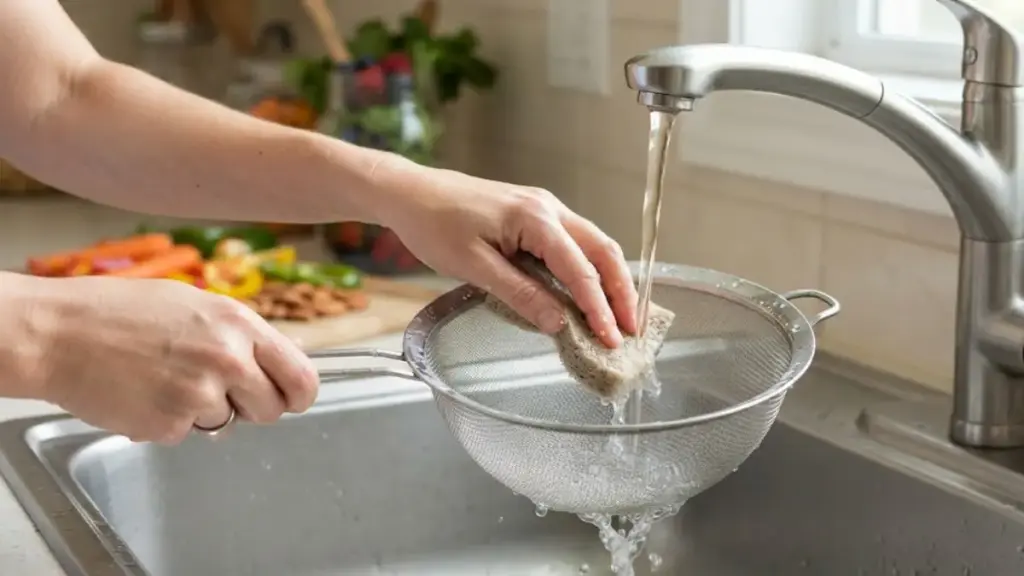 washing-a-metal-mesh-strainer-under-flowing-water