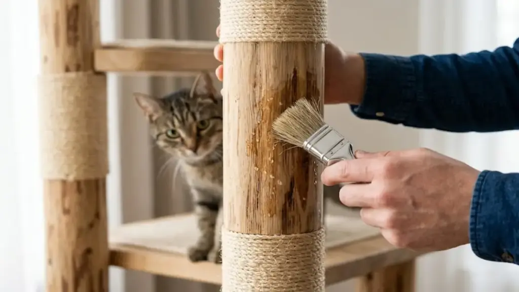 washing-a-wooden-cat-scratcher-post-with-a-soapy-brush-to-stop-feline-aggression-pet