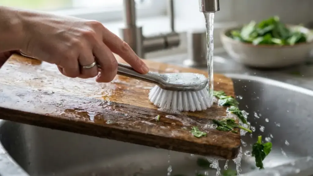 washing-a-wooden-cutting-board-with-soap-and-water