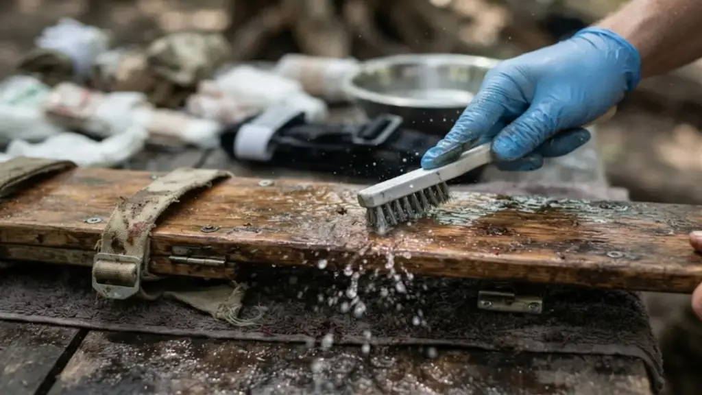 washing-a-wooden-splint-board-with-a-soapy-sponge-after-emergency-snake