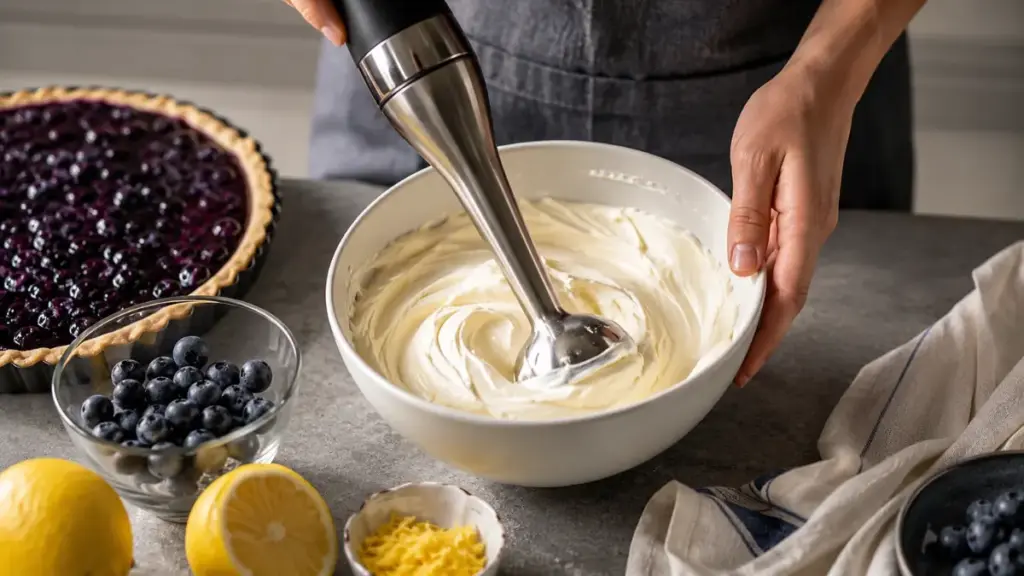 whipping-cream-cheese-and-citrus-juice-to-prepare-filling-for-a-blueberry-lemon-tart