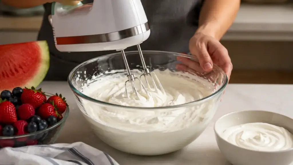 whipping-fresh-cream-and-greek-yogurt-together-to-prepare-frosting-for-a-water-melon-cake