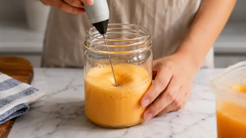 whipping-orange-cold-foam-with-a-frother-in-a-jar