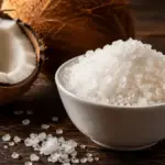 white bowl of celtic sea salt crystals and a cracked coconut