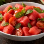 white bowl of fresh watermelon and cherry tomatoes on a table