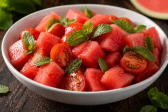 white bowl of fresh watermelon and cherry tomatoes on a table